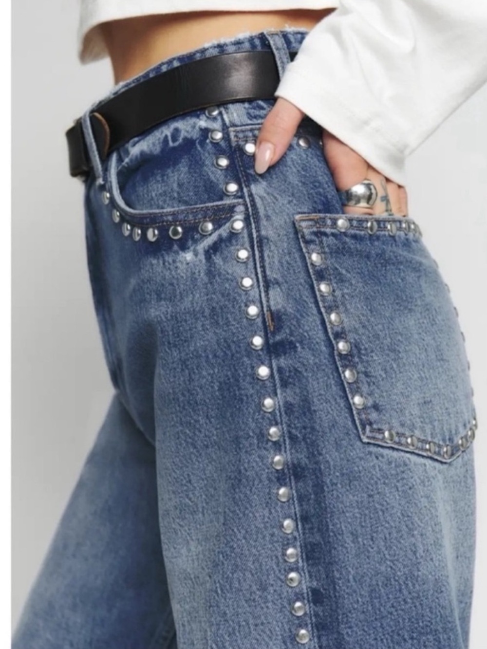 Reformation Cary High-Rise Slouchy Wide-Leg Jeans Studded Chesapeake 29